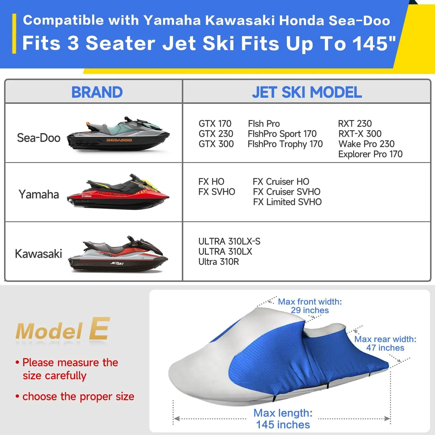 Jet Ski Cover VINPATIO 600D Trailerable Jetski Cover, Heavy Duty 100% Waterproof and UV Protection PWC Cover, Compatible with Seadoo Yamaha Kawasaki Honda Polaris Jet Ski 137"-145" L