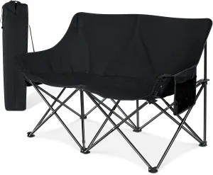 Joyfair Camping Chair for Adults(Double-seat), Outdoor Portable Folding Loveseat Camp Chair with Carry Bag for Picnic Hiking Fishing, 3-Layers Cushion (600D Oxford Fabric & Pearl Cotton) (Black)