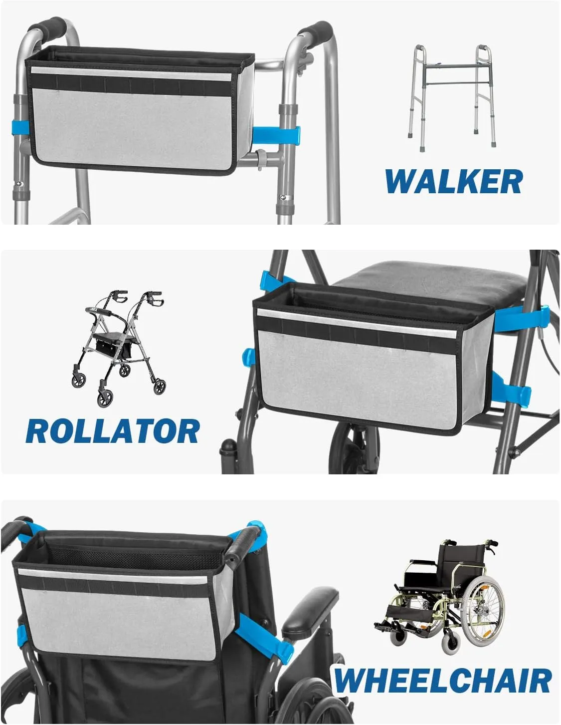JOYTUTUS Walker Basket for Folding Walker, Basket for Walkers for Seniors,Rollator Walkers Storage Bag, Can be Installed Outside or Inside of Walker, Wheerchair,Gray