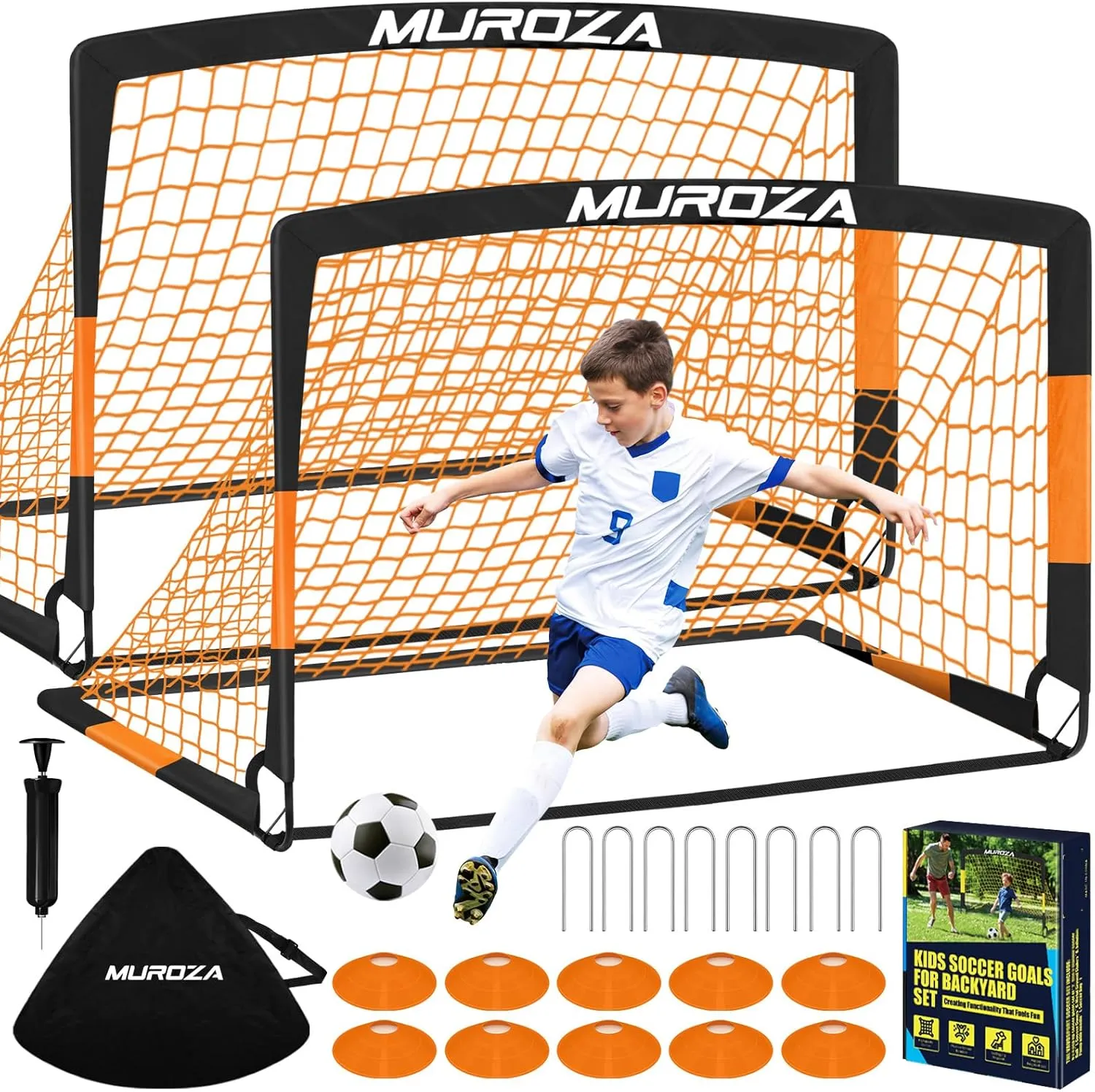 Kids Soccer Goals for Backyard Set, 2 Pack of Portable Pop Up Soccer Nets with Soccer Ball, Cones, Complete Training Equipment for Youth, Toddler Outdoor Sports Games