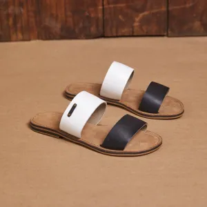 Kingsley Heath 2 Strap Mule Sandal White/Black/Tan