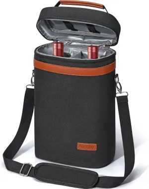 Leakproof Wine Cooler Bottle Carrier - Insulated Tote for Travel, Beach, Dinner Parties - Black