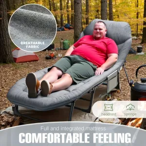 Leo IRis Portable Folding Camping Cot, Oversize Adjustable 5-Position Adults Reclining Lounge Chairs with Pillow, Heavy Duty Oxford Cloth 600D with Mattress (Gray - Luxury Bed)