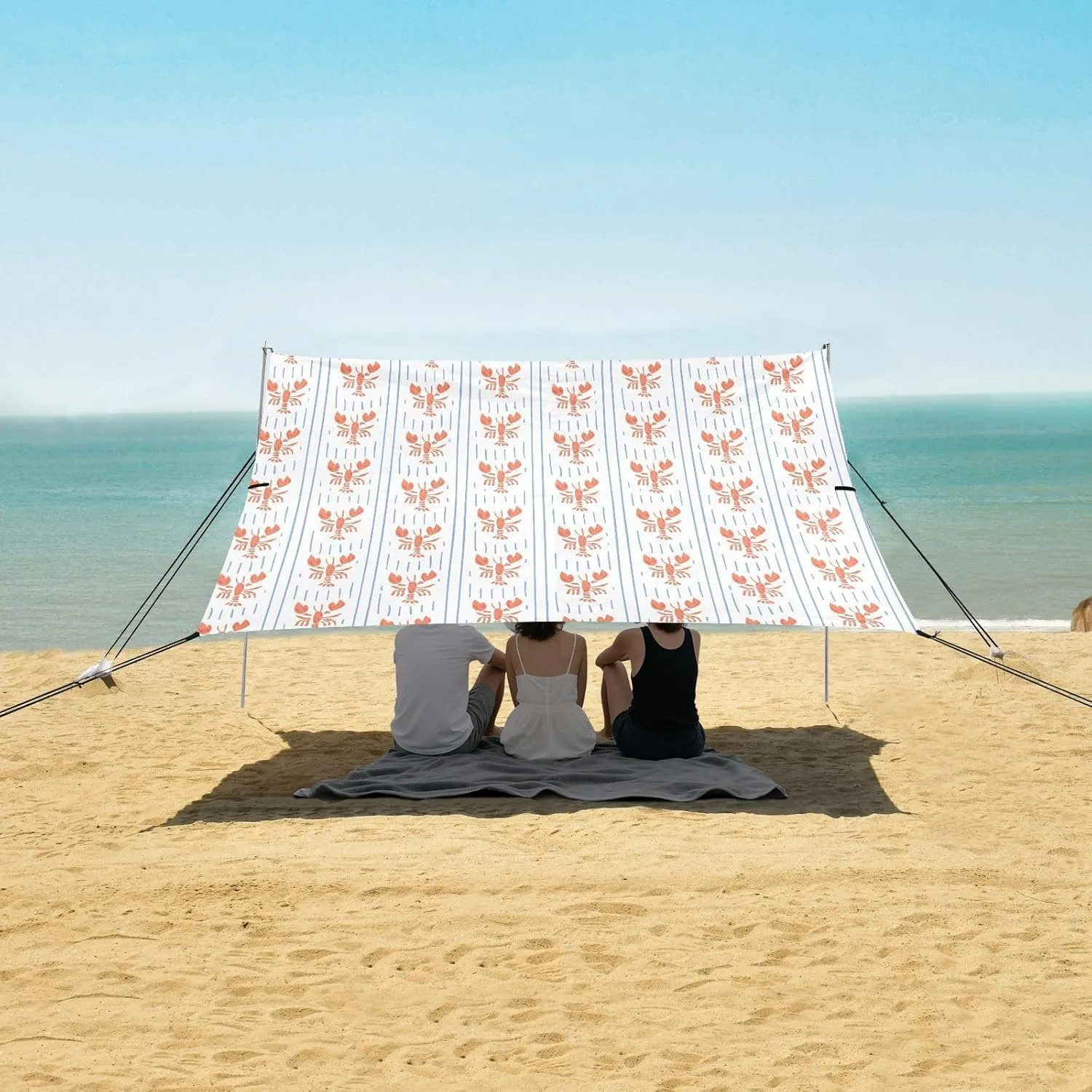 Lobster Stripes Summer Beach Camping Tent Sun Shelter for Whole Family, Beach Shade Canopy with UPF50  UV Protection,Easy Set Up and Carry,Outdoor Shade for Trips, Fishing, Backyard Fun Picnics