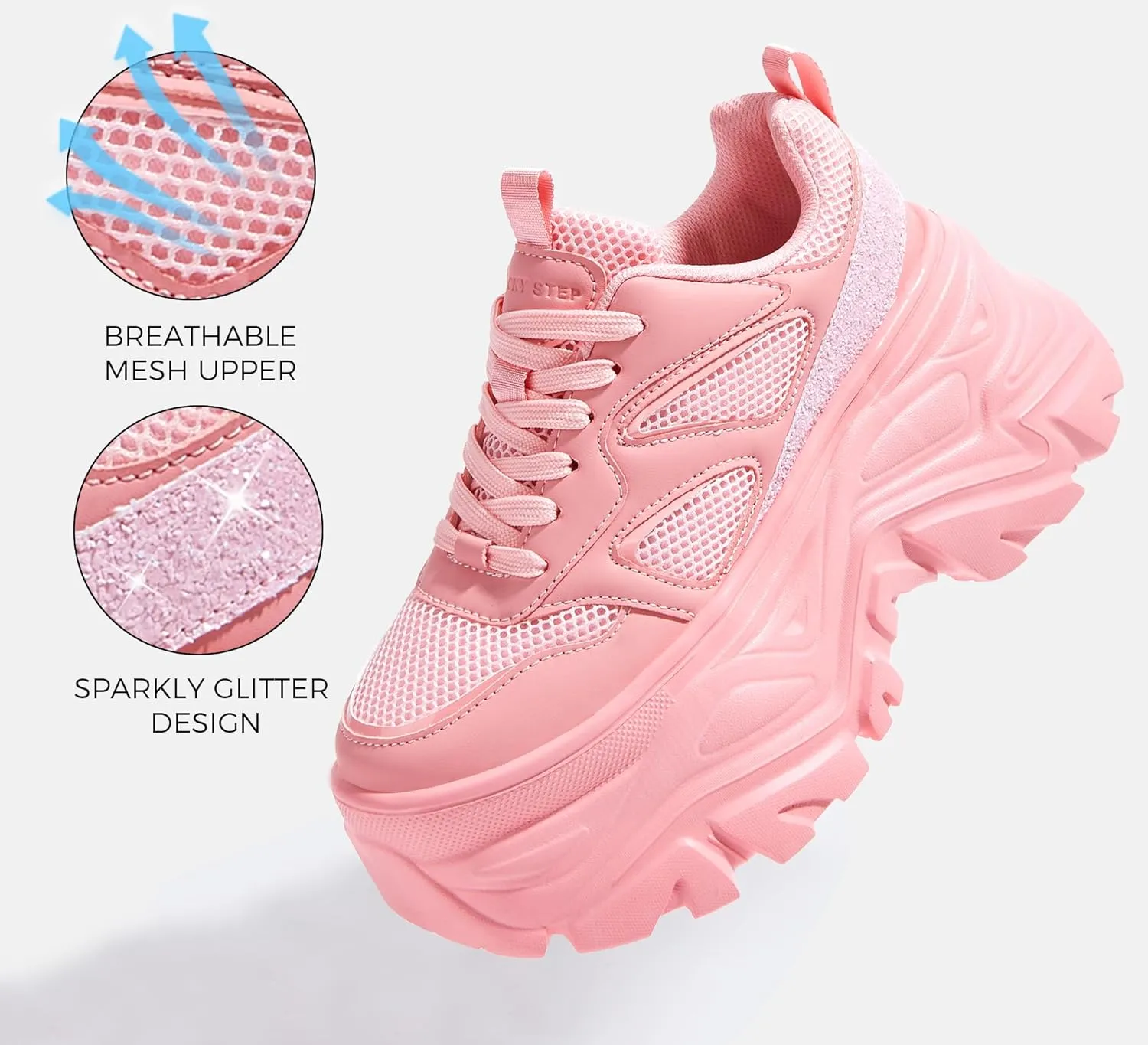 LUCKY STEP Women's Rhinestone Chunky Sneakers Breathable Lace-Up Platform Walking Sneakers Fashion Casual Dad Shoes