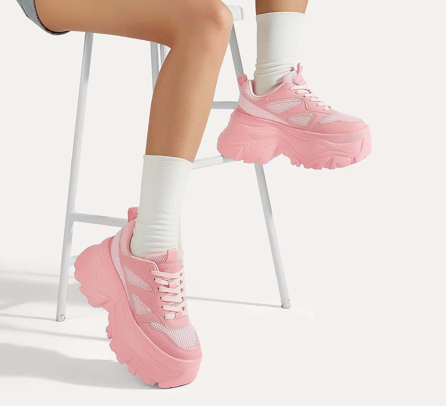 LUCKY STEP Women's Rhinestone Chunky Sneakers Breathable Lace-Up Platform Walking Sneakers Fashion Casual Dad Shoes