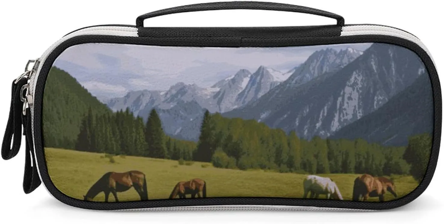 Makeup Bag Makeup Organizer Mountain Pasture Grazing Horses Printed Travel Makeup Bag Cosmetic Bag for Women Travel Toiletry