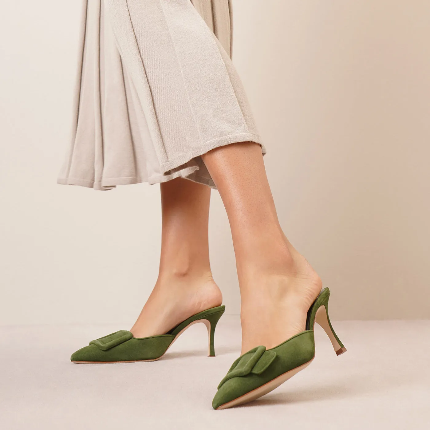 Maysale 70 dark green suede mules