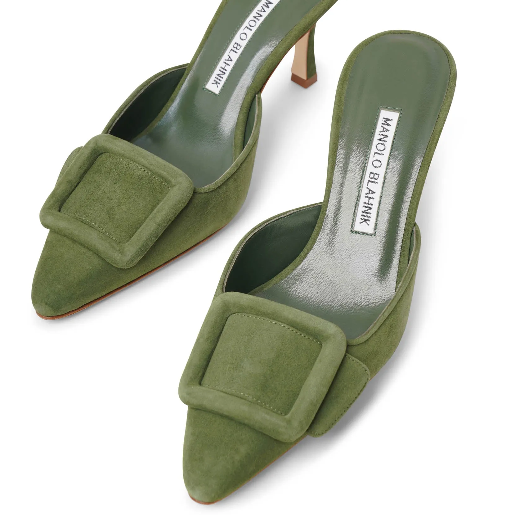Maysale 70 dark green suede mules