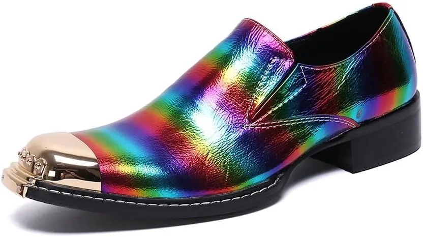 Men Oxford Shoes Rainbow Colorful Metal Toe Block Heel Block Heel Slip On for Party Genuine Leather