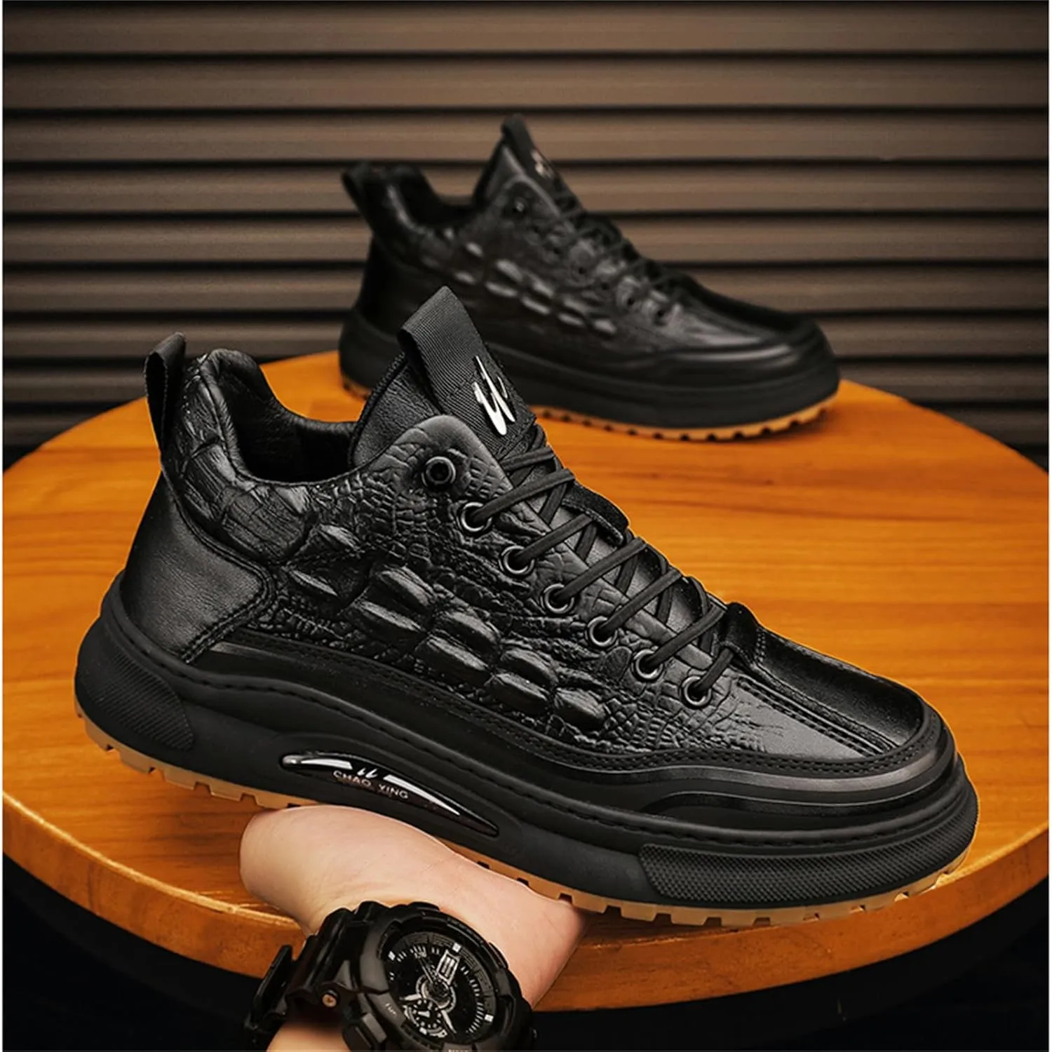 Men's Crocodile Print Leather Flat Fashion Sneaker,Casual Round Toe Low Top Softsole Oxford Elastic Band Non-Slip Walking Running Driving Shoes