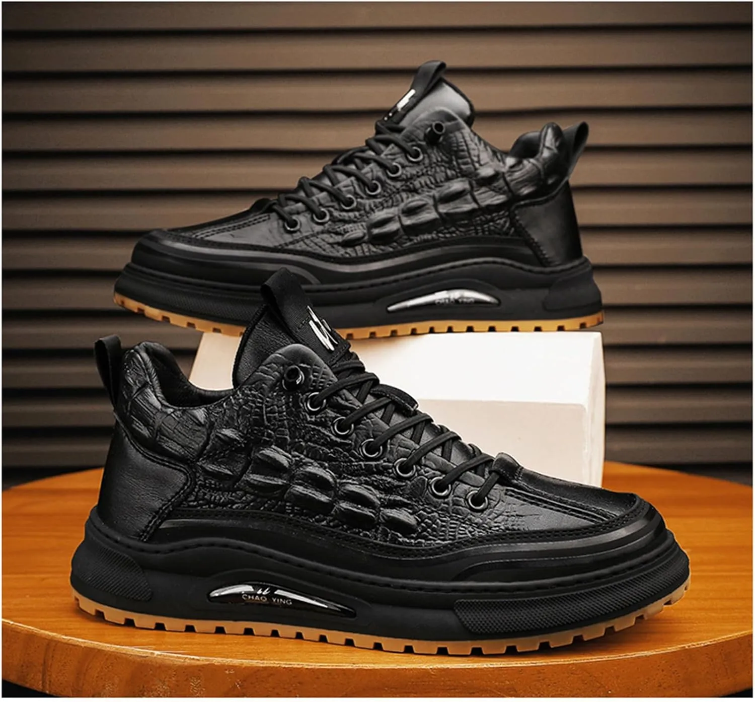 Men's Crocodile Print Leather Flat Fashion Sneaker,Casual Round Toe Low Top Softsole Oxford Elastic Band Non-Slip Walking Running Driving Shoes