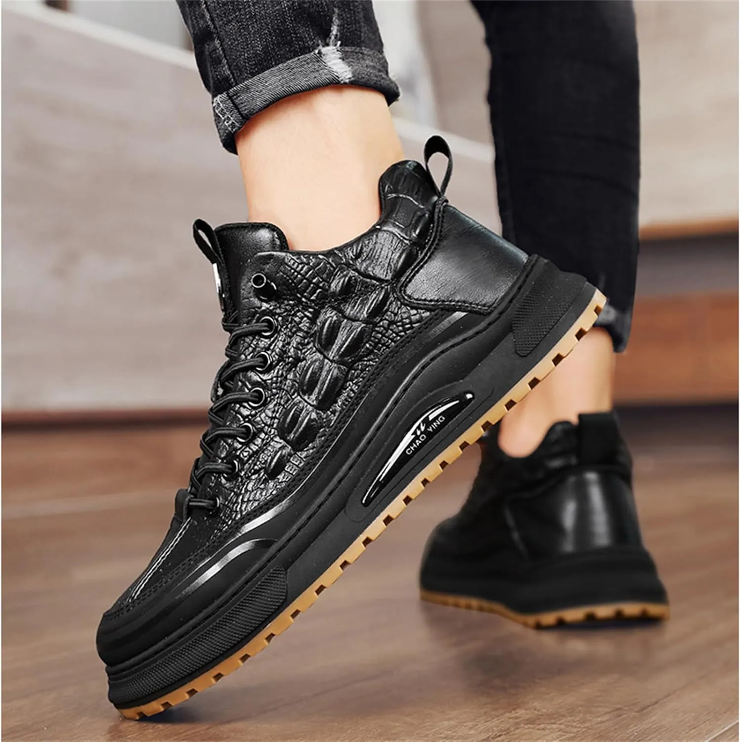 Men's Crocodile Print Leather Flat Fashion Sneaker,Casual Round Toe Low Top Softsole Oxford Elastic Band Non-Slip Walking Running Driving Shoes