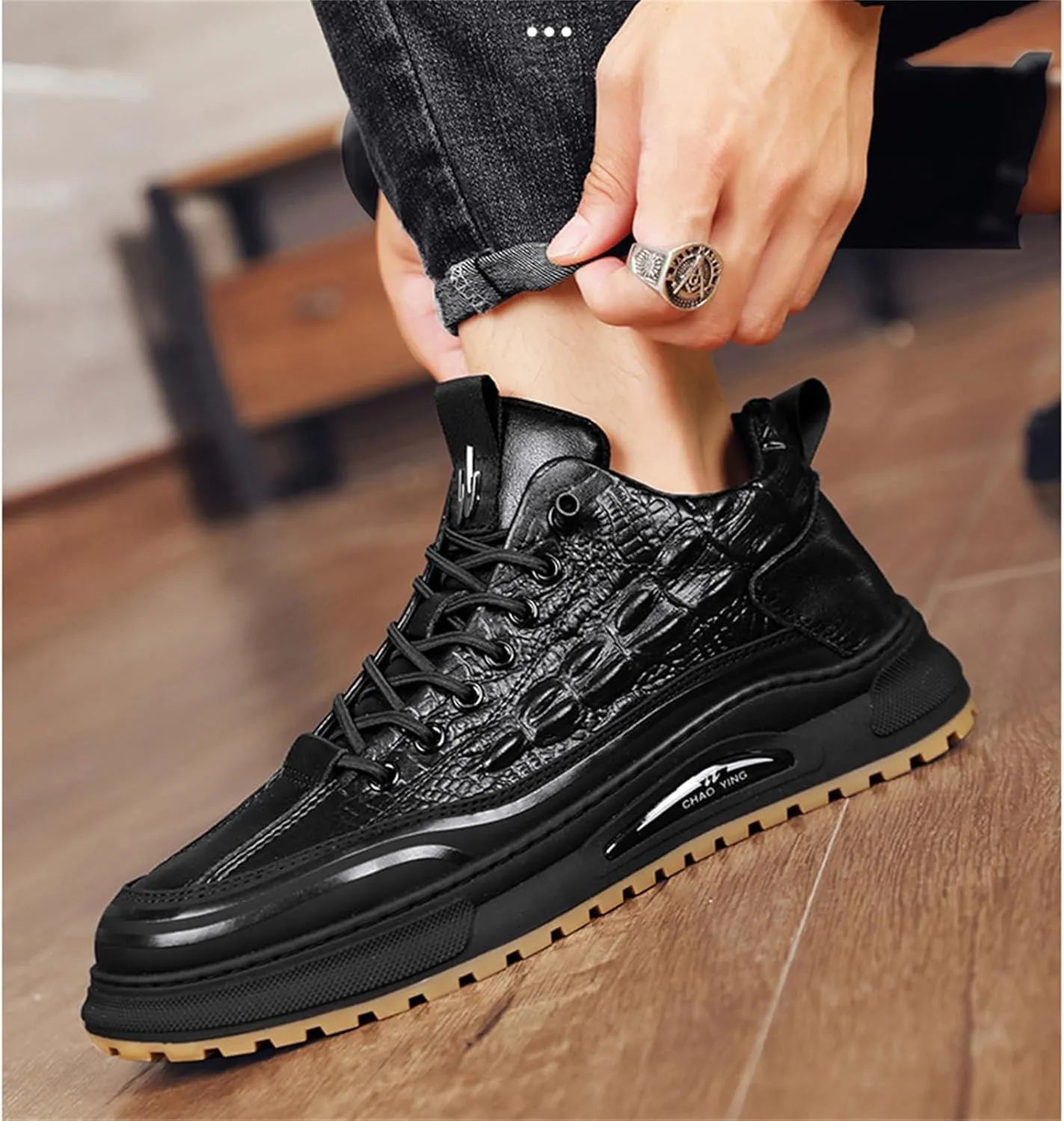 Men's Crocodile Print Leather Flat Fashion Sneaker,Casual Round Toe Low Top Softsole Oxford Elastic Band Non-Slip Walking Running Driving Shoes