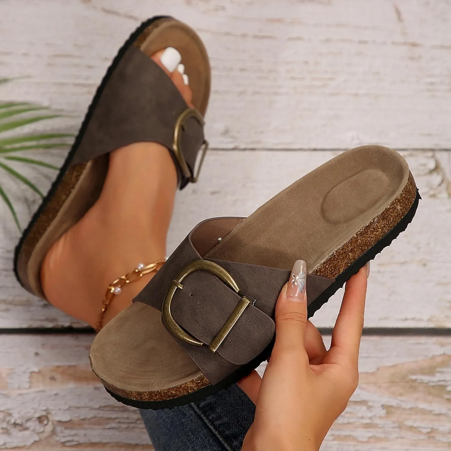 Merking Women's Cork Footbed Sandal Adjustable Buckle Beach Casual Open Toe Slides