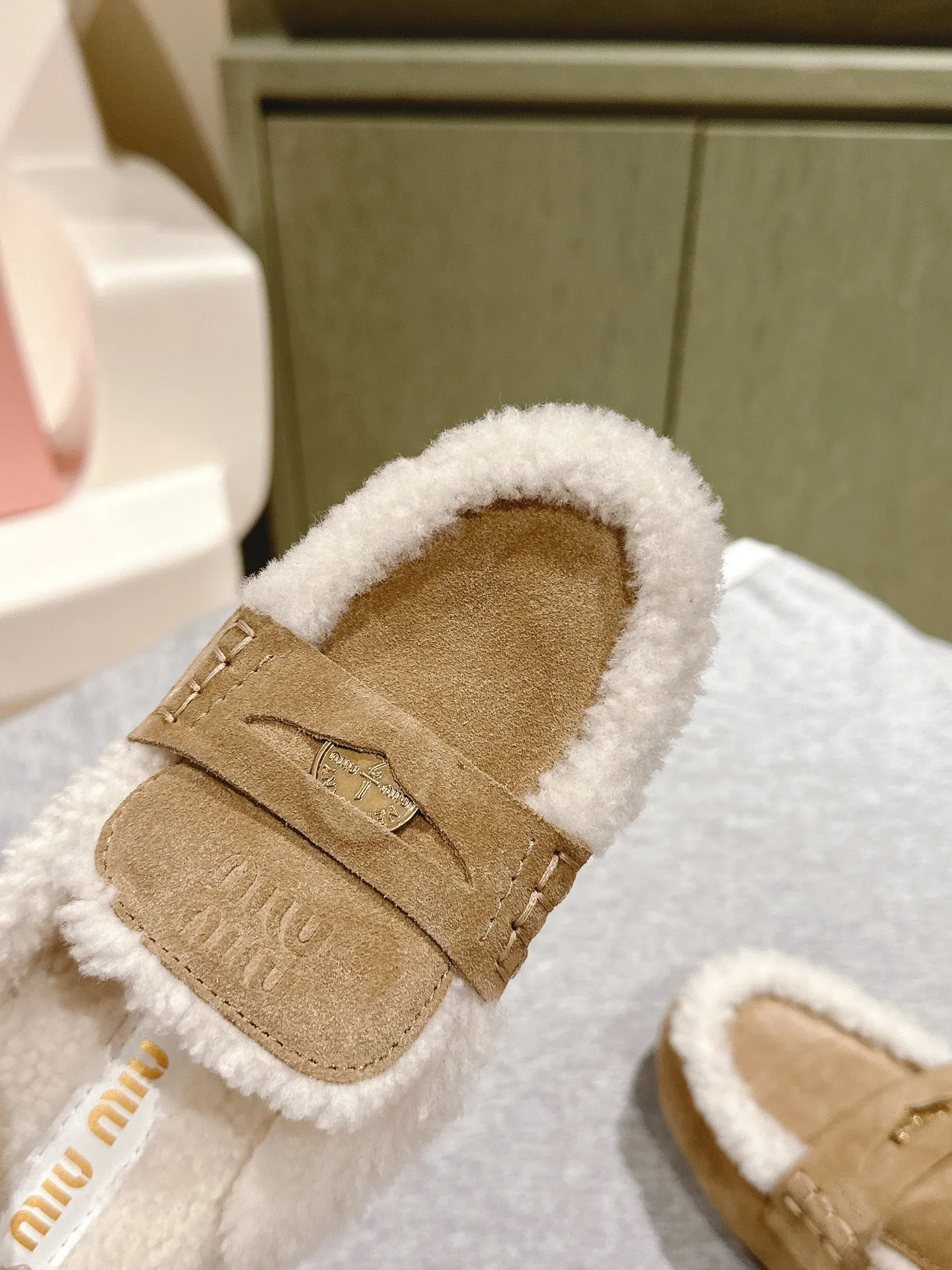 Miu Mule Half Fur Khaki Suede