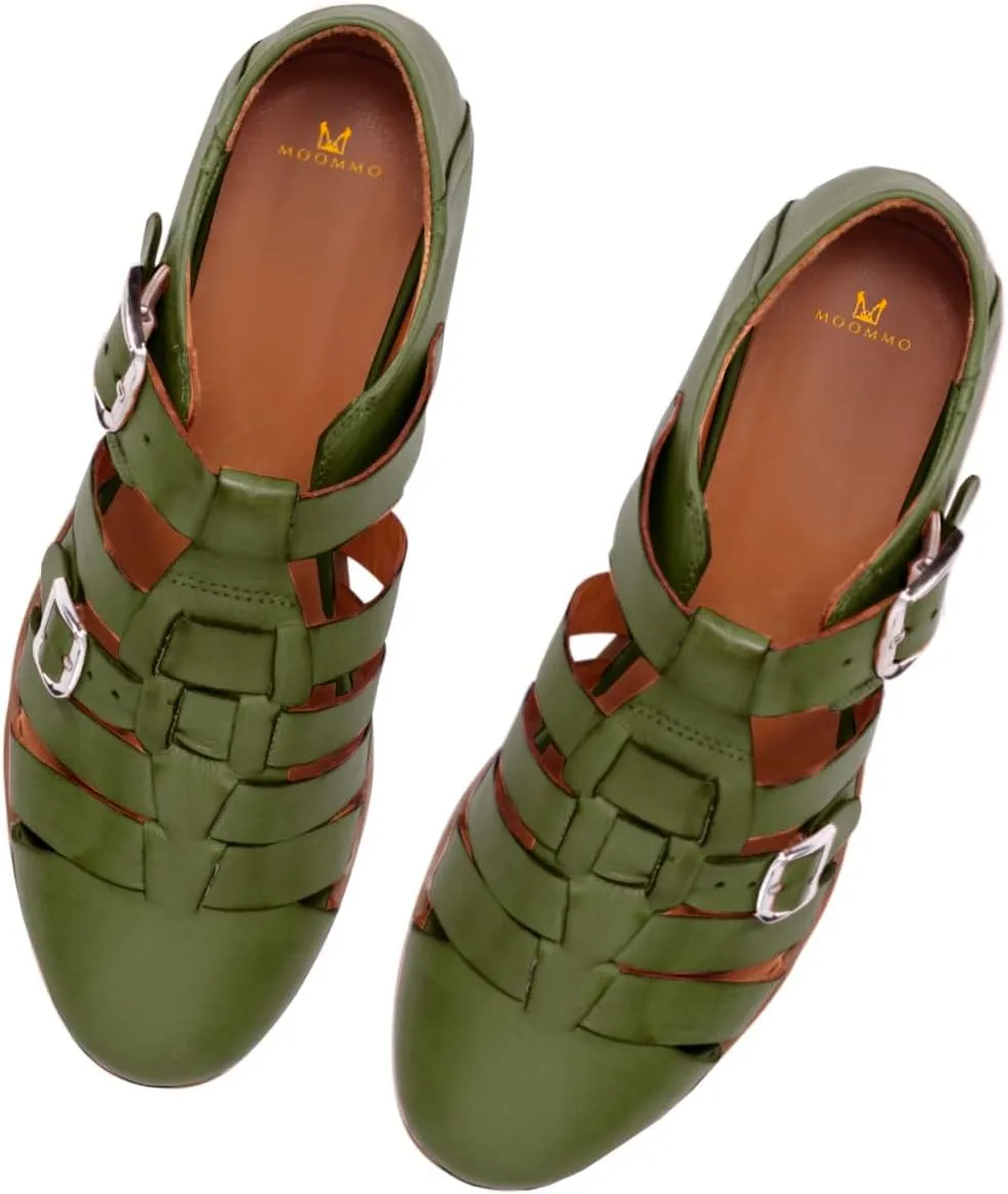 MOOMMO Summer Casual Round Toe Loafers Flats Cut Out Buckle Strap Loafer Shoes Walking Drive 1 inch Flat Heel Dress Sandals Closed Toe Comfortable Loafer Sandals Matte Retro 4-11 M US