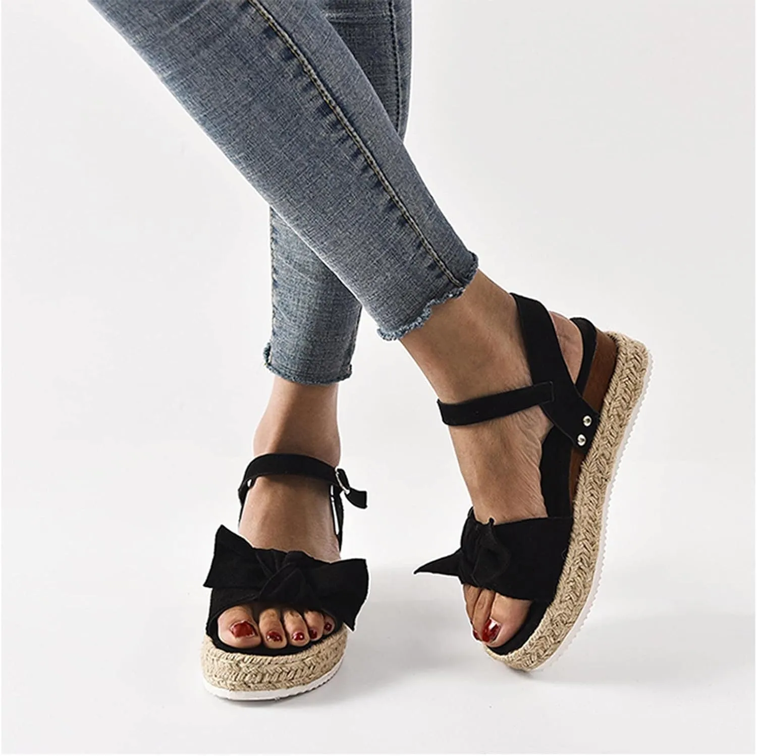 oiangi Espadrille Platform Sandals for Women Summer Casual Leopard Bow Ankle Strap Buckle Open Toe Studded Wedge Sandalias Comfortable Outdoor Shoes