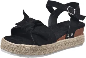 oiangi Espadrille Platform Sandals for Women Summer Casual Leopard Bow Ankle Strap Buckle Open Toe Studded Wedge Sandalias Comfortable Outdoor Shoes