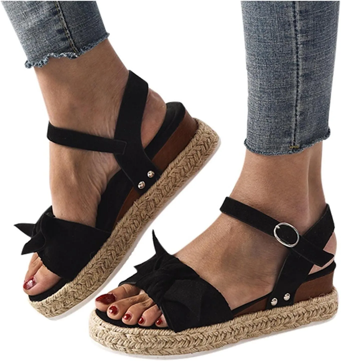 oiangi Espadrille Platform Sandals for Women Summer Casual Leopard Bow Ankle Strap Buckle Open Toe Studded Wedge Sandalias Comfortable Outdoor Shoes