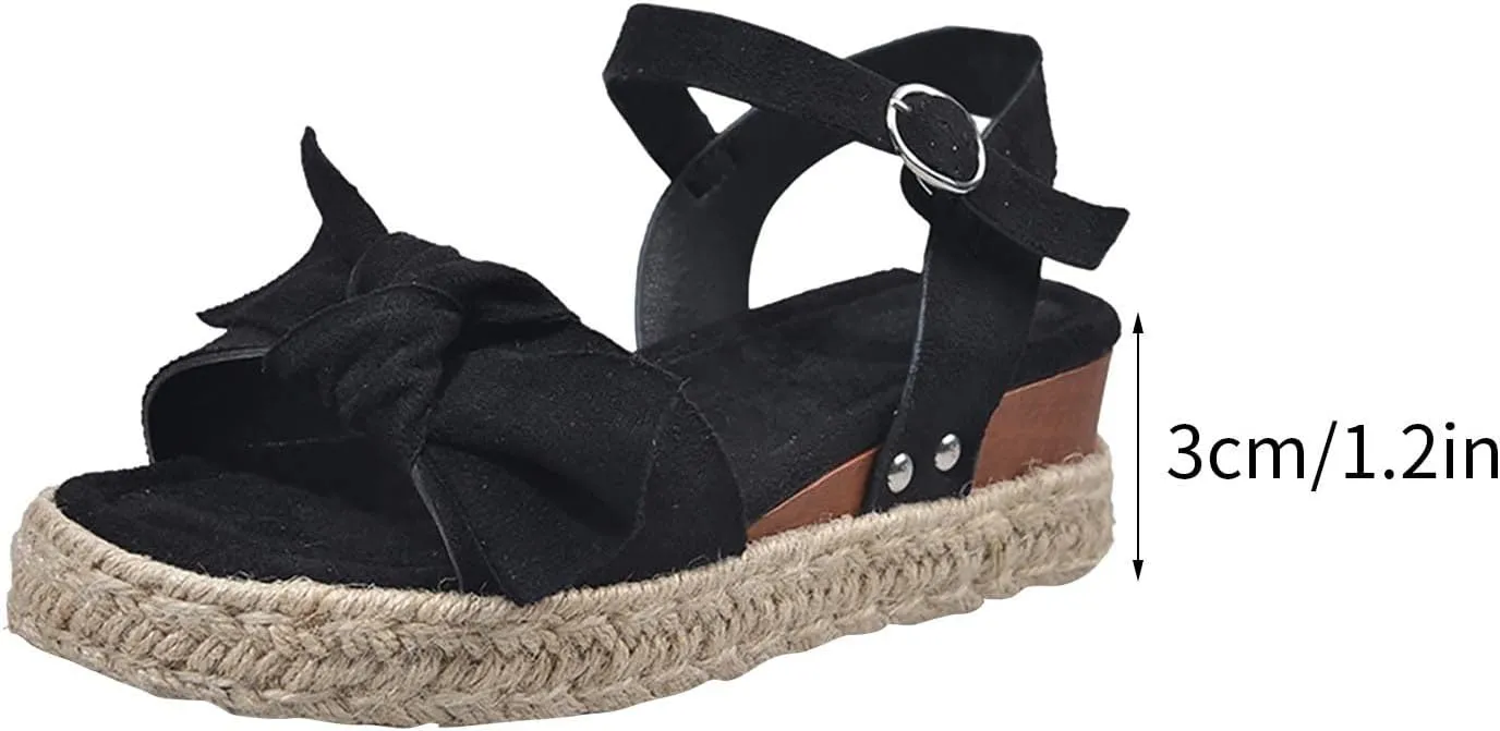 oiangi Espadrille Platform Sandals for Women Summer Casual Leopard Bow Ankle Strap Buckle Open Toe Studded Wedge Sandalias Comfortable Outdoor Shoes