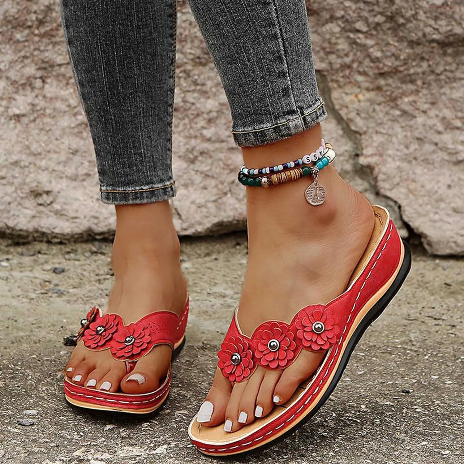 oiangi Womens Wedge Flip Flops Sandals with Arch Support Summer Comfortable Platform Bohemia Flat Shoes Casual Thong Sandal