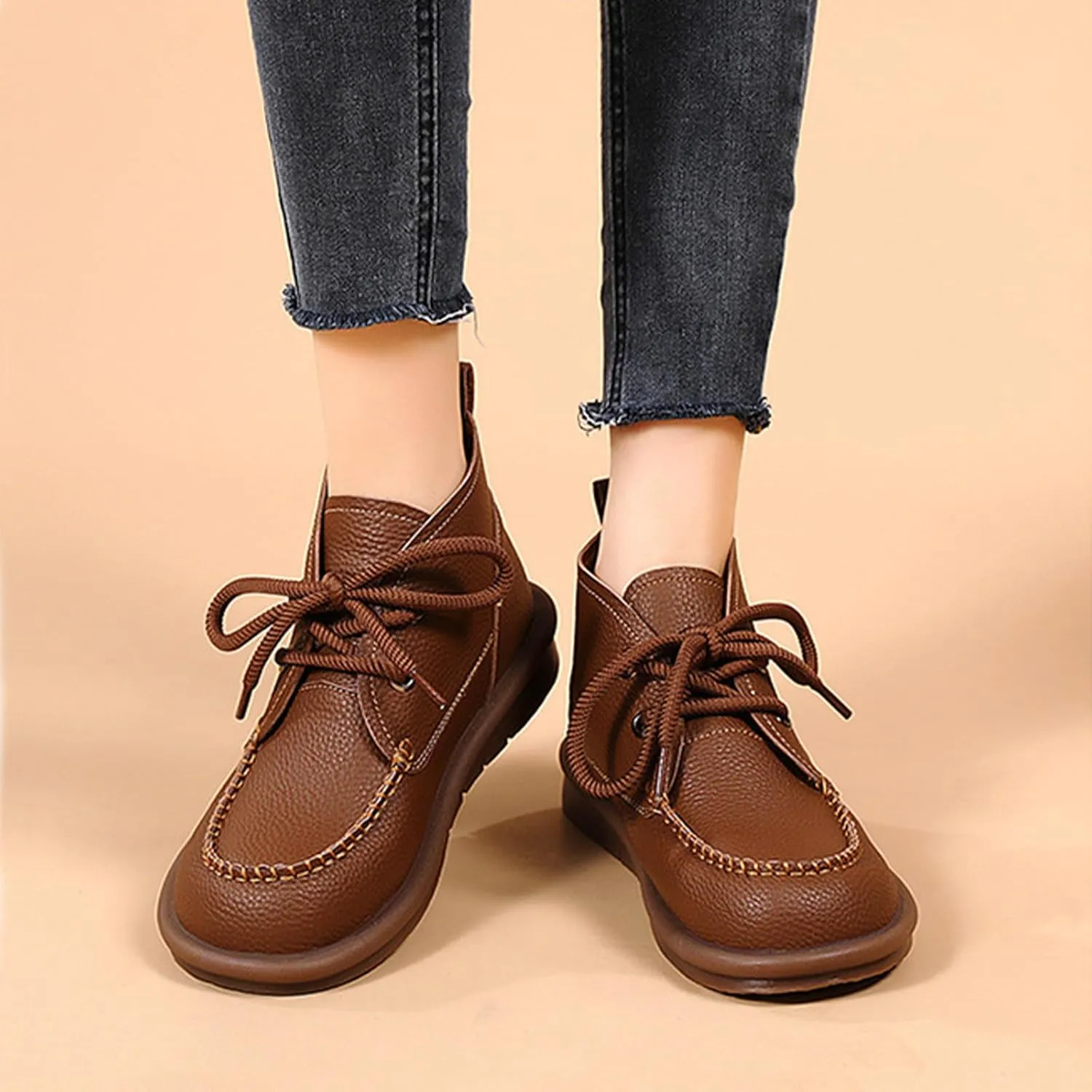 Optigard Women's Genuine Leather Ankle Chukka Boots,Lace-up High Top Comfortable Non-slip Warm Fur Lined Soft Sole Moccasin Booties Lightweight Flat Oxford Walking Loafers
