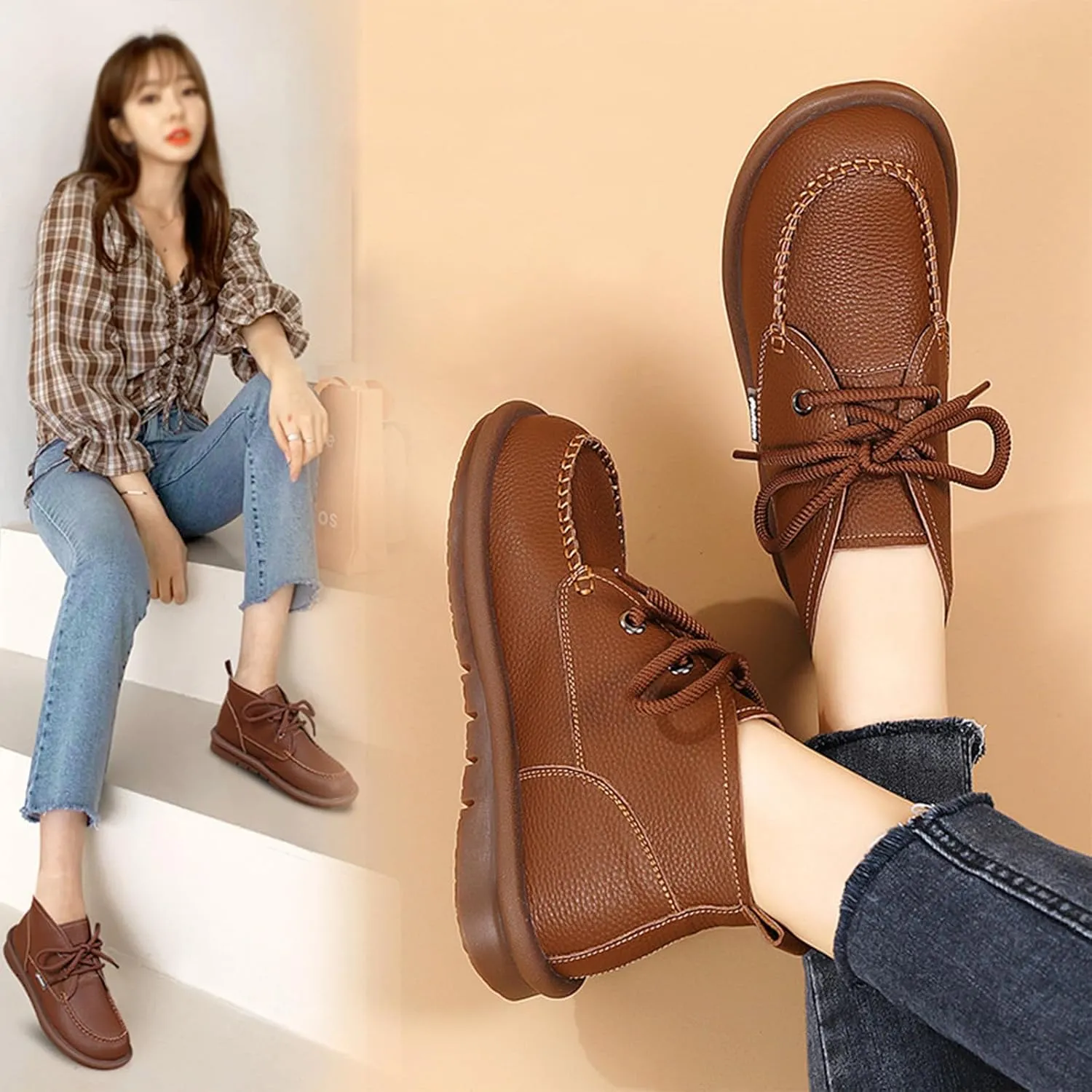Optigard Women's Genuine Leather Ankle Chukka Boots,Lace-up High Top Comfortable Non-slip Warm Fur Lined Soft Sole Moccasin Booties Lightweight Flat Oxford Walking Loafers