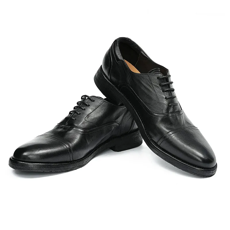 Oxford Shoes Horsehide Lace-Up Handmade Leather Shoes for Men Goodyear Welted Retro Style Washing Process