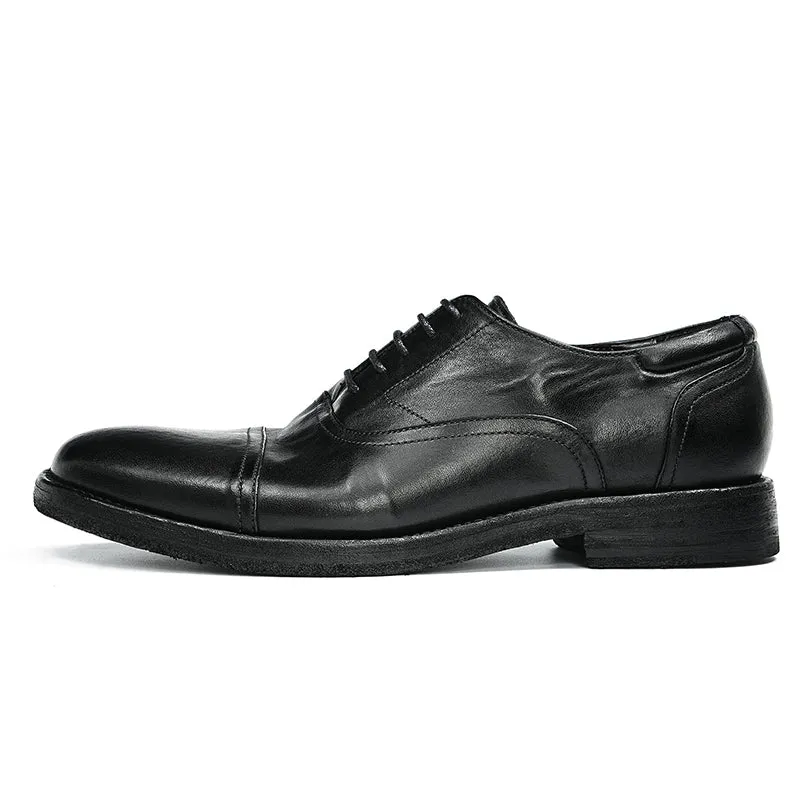 Oxford Shoes Horsehide Lace-Up Handmade Leather Shoes for Men Goodyear Welted Retro Style Washing Process