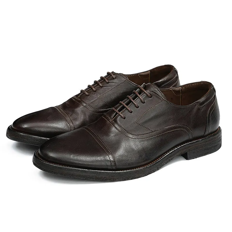 Oxford Shoes Horsehide Lace-Up Handmade Leather Shoes for Men Goodyear Welted Retro Style Washing Process