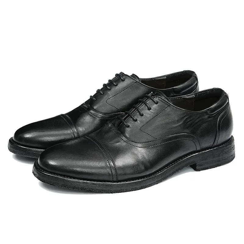 Oxford Shoes Horsehide Lace-Up Handmade Leather Shoes for Men Goodyear Welted Retro Style Washing Process