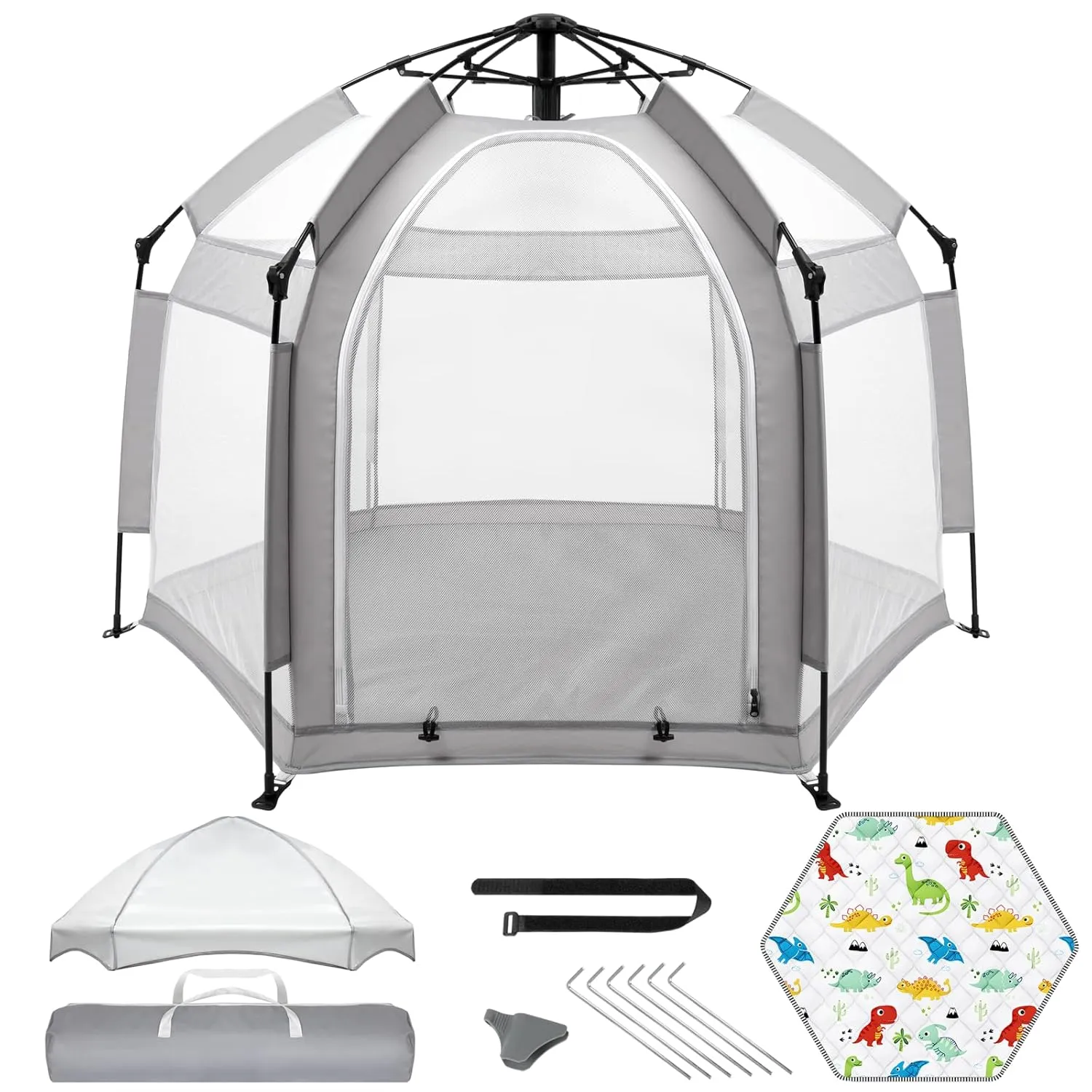 Palopalo Pop Up Baby Playpen with UPF50  Canopy & Mat, Indoor & Outdoor Foldable Play Pen for Babies and Toddlers, Portable Baby Beach Tent with Travel Bag, Pop Up Pack and Play Yard, Grey