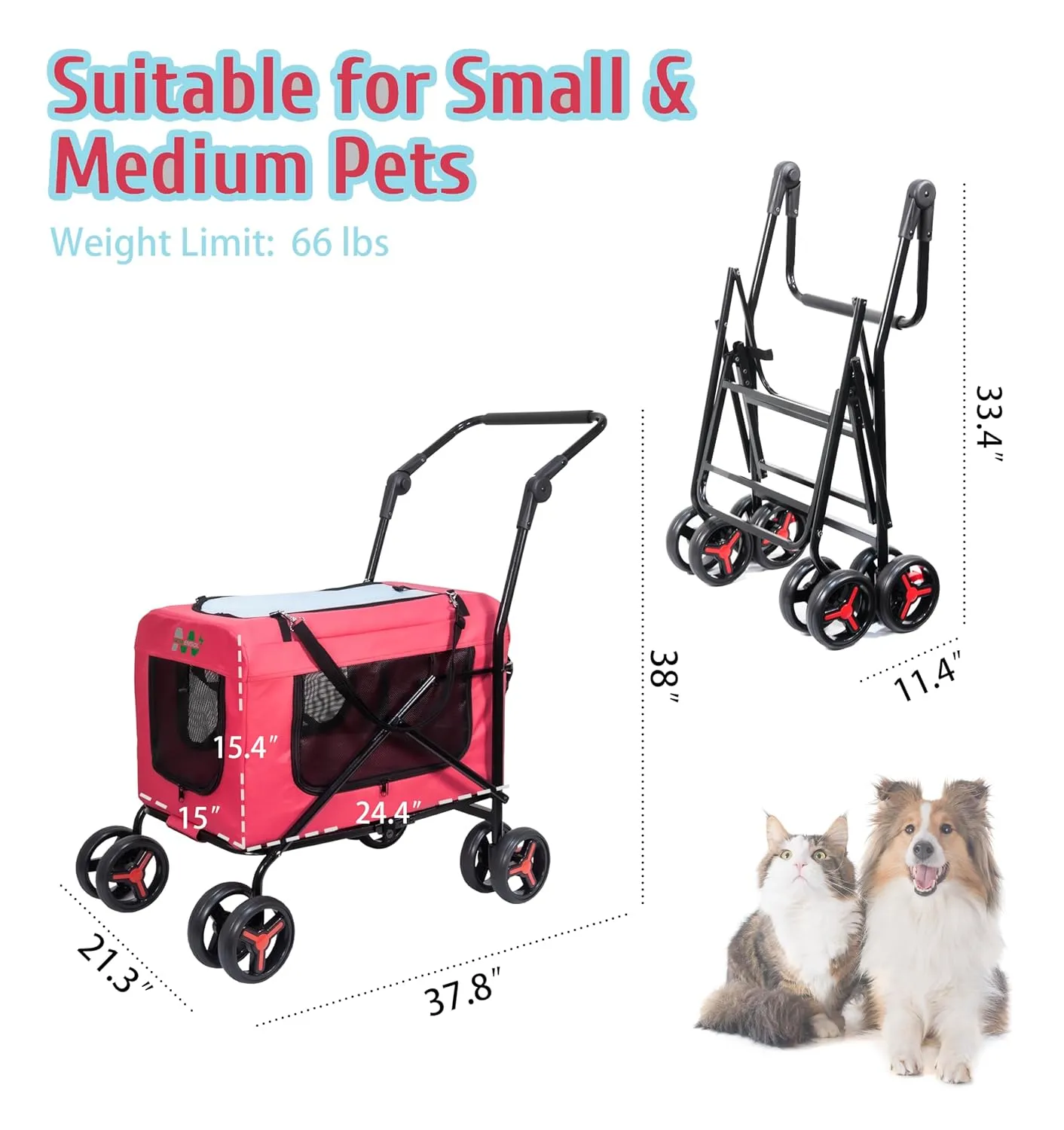 Pet Carrier with 4 Wheels, Detachble,Clean and Replace Pet Basket, Portable and Foldable Pet Travel Stroller for Small/Medium Dogs and Cats up to 66lbs, 4 in 1 Multifunctional (Pink Blue)