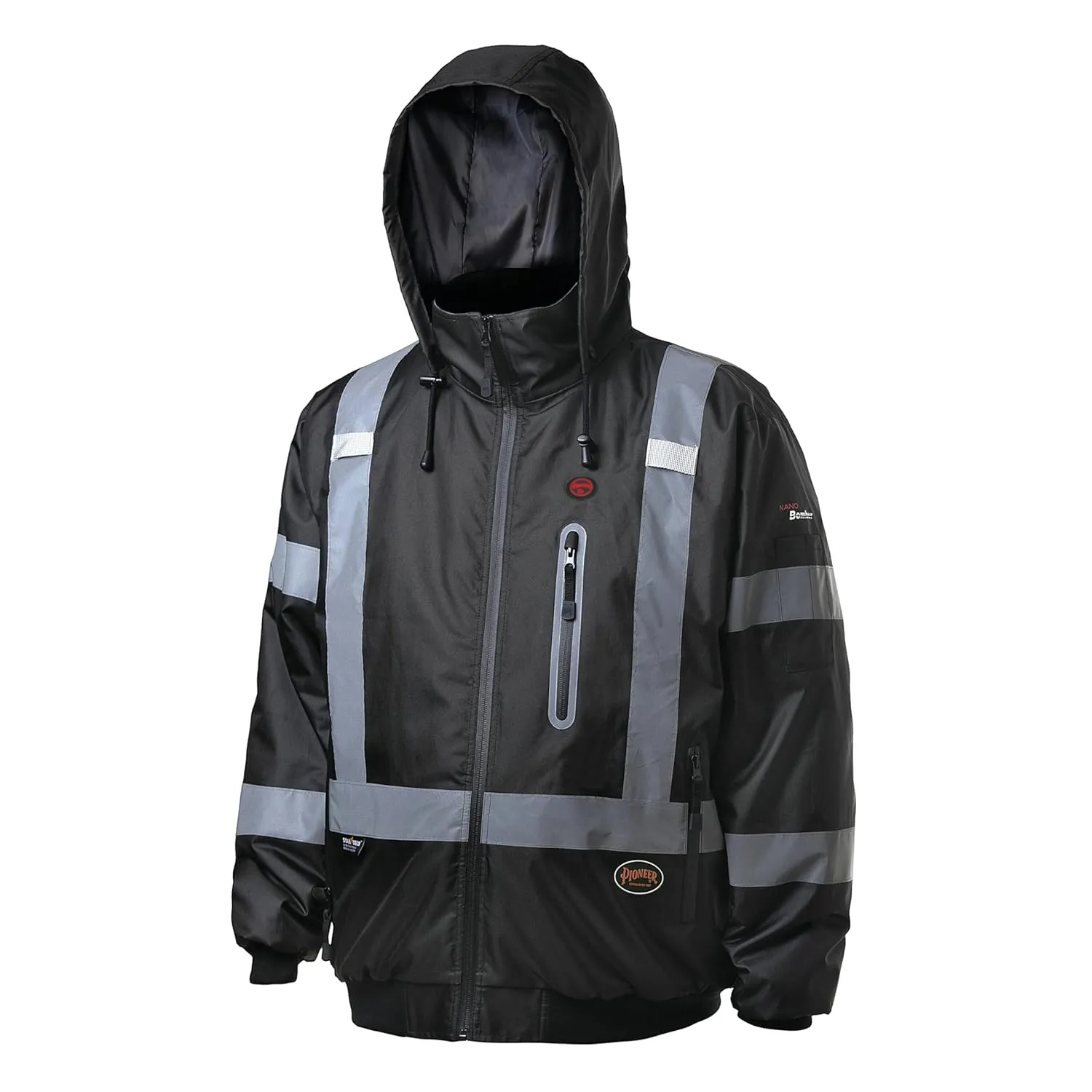 Pioneer Hi Vis Waterproof Heated Safety Bomber Jacket - Class 1 Winter Rain Gear for Men - Reflective Tape - Detachable Hood