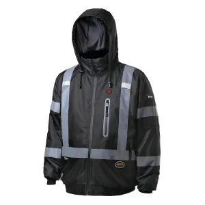 Pioneer Hi Vis Waterproof Heated Safety Bomber Jacket - Class 1 Winter Rain Gear for Men - Reflective Tape - Detachable Hood