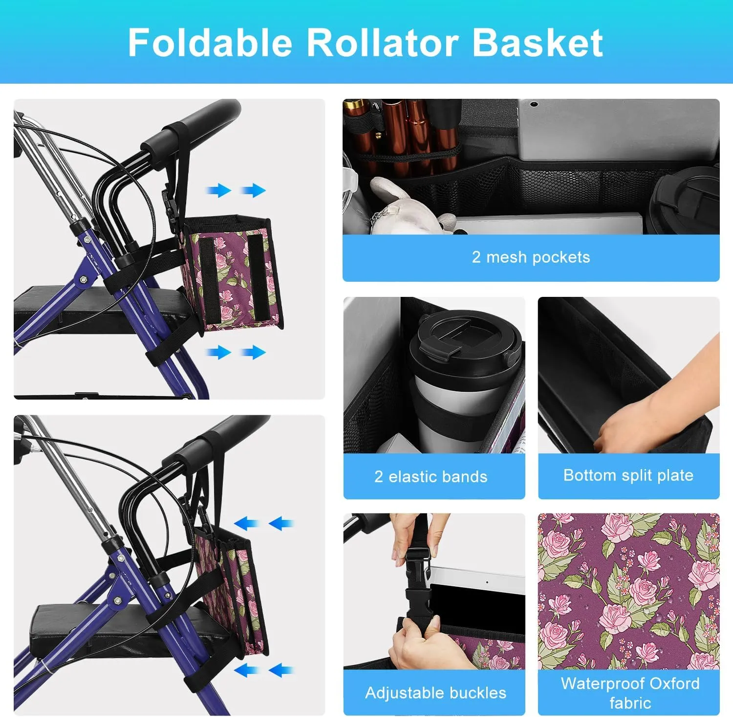 Rollator Basket, supregear Rollator Walker Bag w/Cup Holder, Foldable Rolling Walker Waterproof Storage Pouch with Big Capacity & Never Tipping Over, Easy to Use Rollator Accessories for Seniors