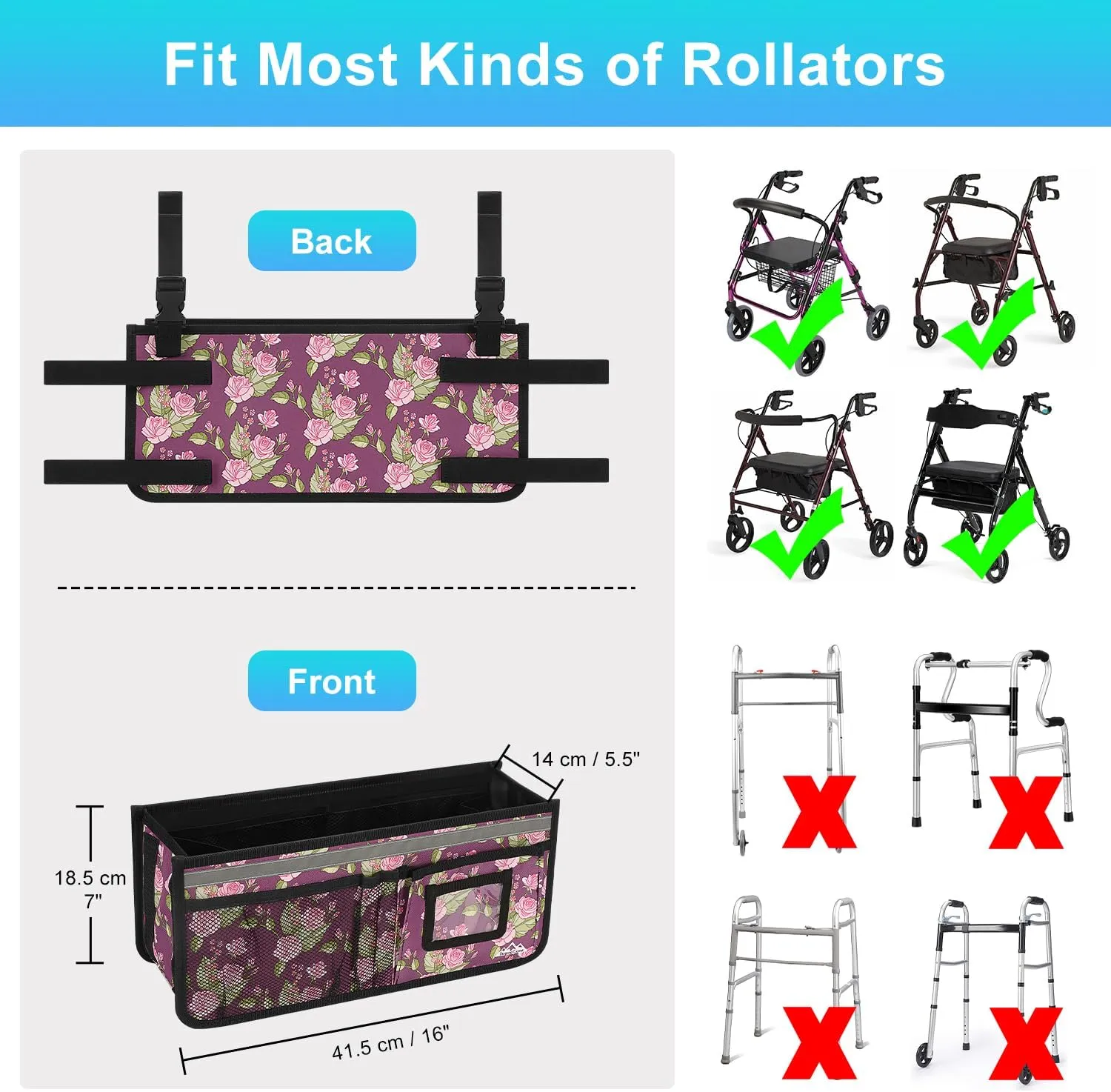 Rollator Basket, supregear Rollator Walker Bag w/Cup Holder, Foldable Rolling Walker Waterproof Storage Pouch with Big Capacity & Never Tipping Over, Easy to Use Rollator Accessories for Seniors