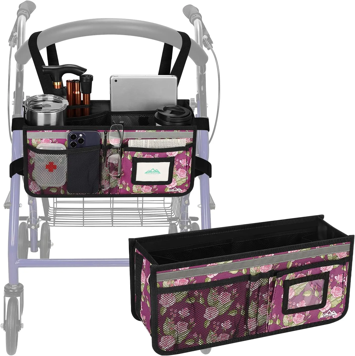 Rollator Basket, supregear Rollator Walker Bag w/Cup Holder, Foldable Rolling Walker Waterproof Storage Pouch with Big Capacity & Never Tipping Over, Easy to Use Rollator Accessories for Seniors