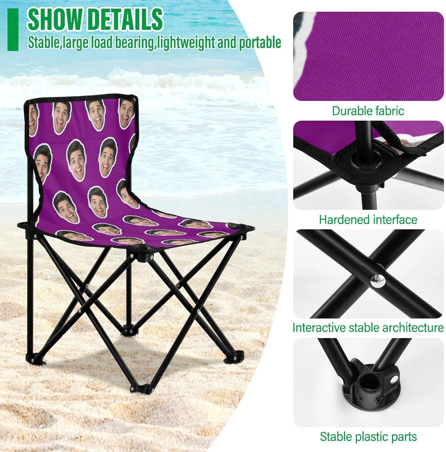Sinestour Purple Custom Folding Camping Chair Personalized Photo Face Outdoor Chair with Carry Bag for Travel Barbeques Picnic