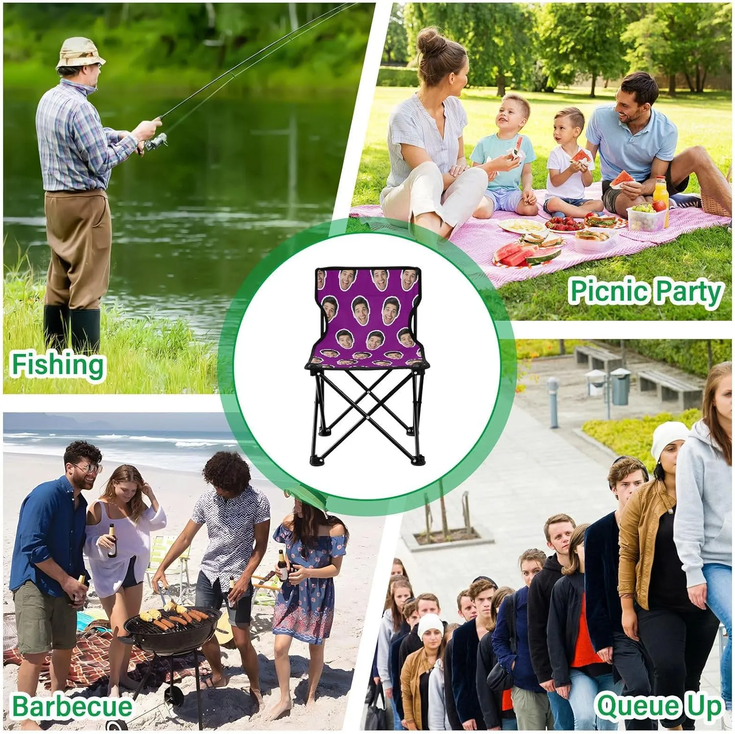 Sinestour Purple Custom Folding Camping Chair Personalized Photo Face Outdoor Chair with Carry Bag for Travel Barbeques Picnic