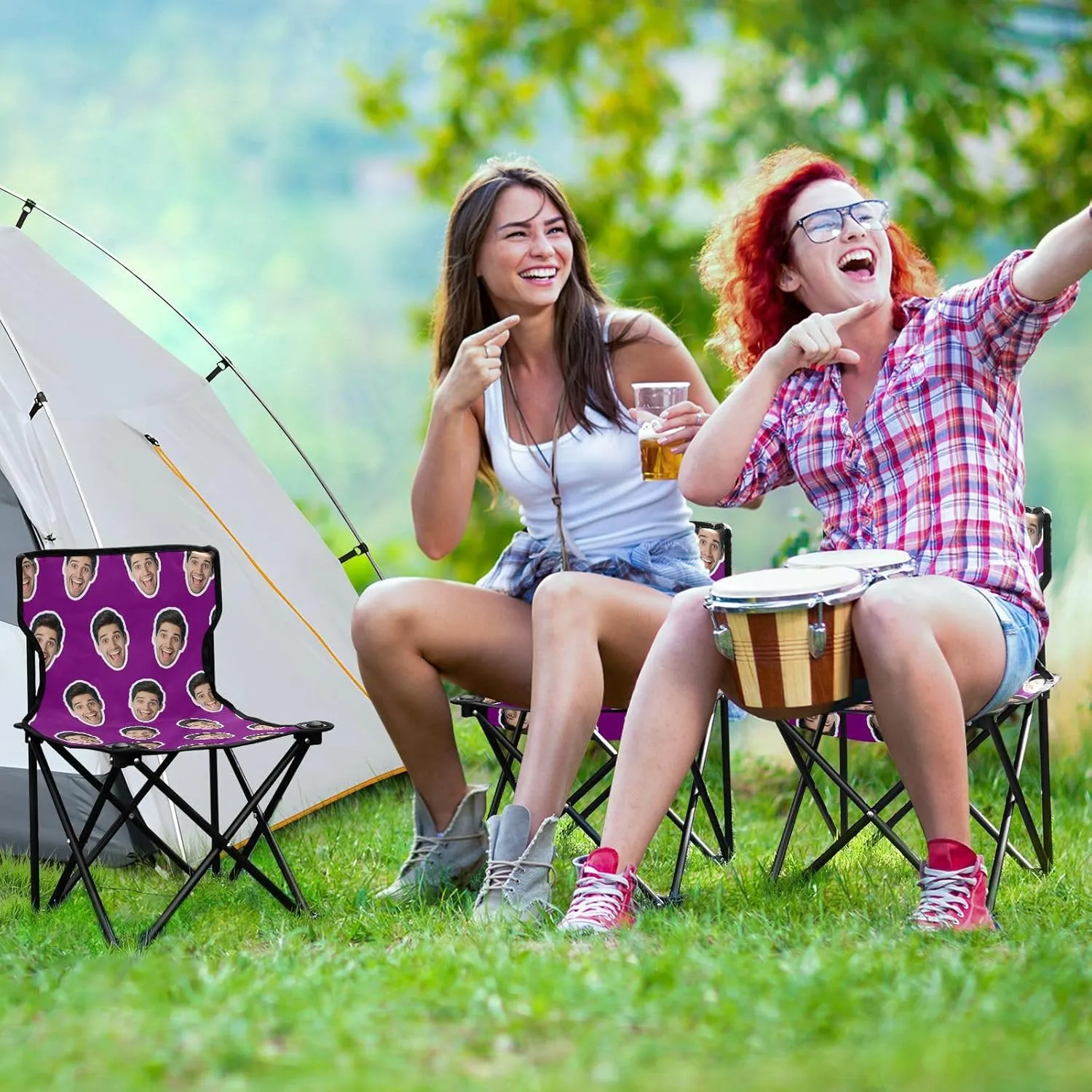 Sinestour Purple Custom Folding Camping Chair Personalized Photo Face Outdoor Chair with Carry Bag for Travel Barbeques Picnic
