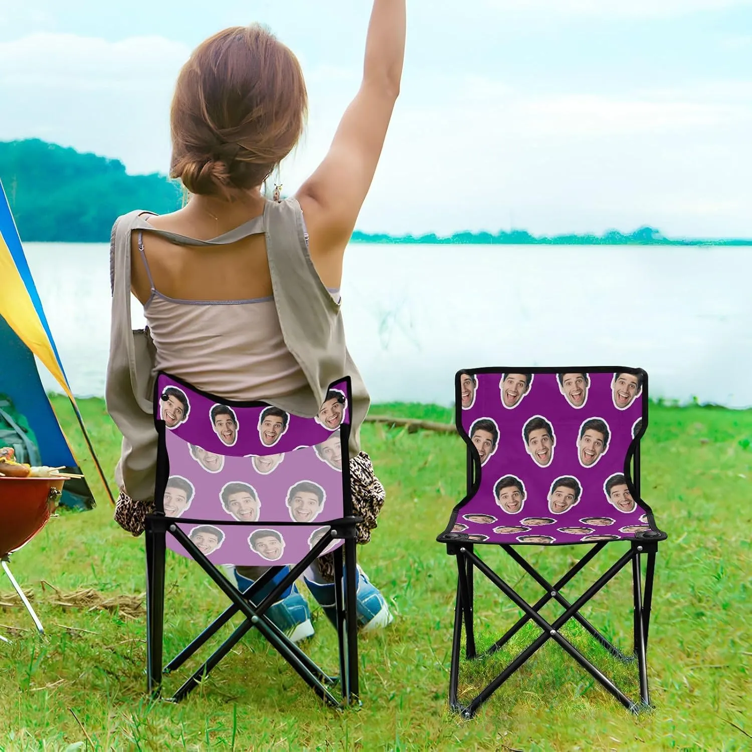 Sinestour Purple Custom Folding Camping Chair Personalized Photo Face Outdoor Chair with Carry Bag for Travel Barbeques Picnic