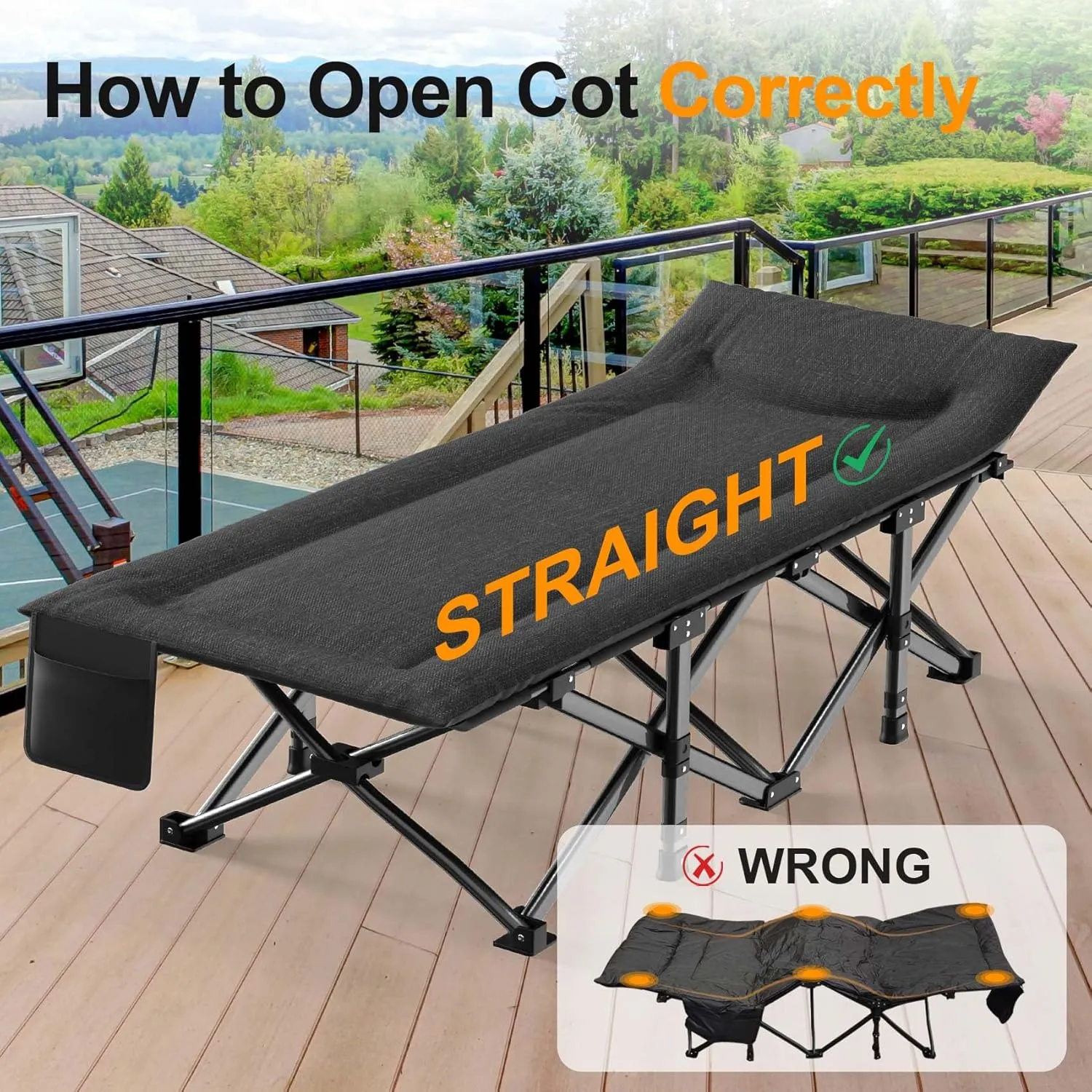 Slendor Heated Camping Cot, Padded Folding Camping Cots for Adults, 1200D Double Layer Sleeping Cot Bed for Office, Patio, Guest with Storage Bag, Support 500lbs, 110V, 85W, Black
