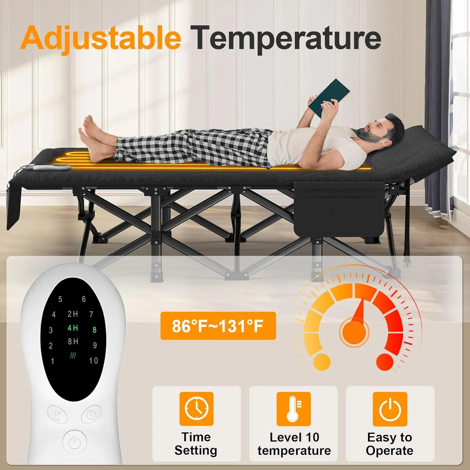 Slendor Heated Camping Cot, Padded Folding Camping Cots for Adults, 1200D Double Layer Sleeping Cot Bed for Office, Patio, Guest with Storage Bag, Support 500lbs, 110V, 85W, Black