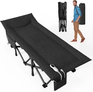 Slendor Heated Camping Cot, Padded Folding Camping Cots for Adults, 1200D Double Layer Sleeping Cot Bed for Office, Patio, Guest with Storage Bag, Support 500lbs, 110V, 85W, Black