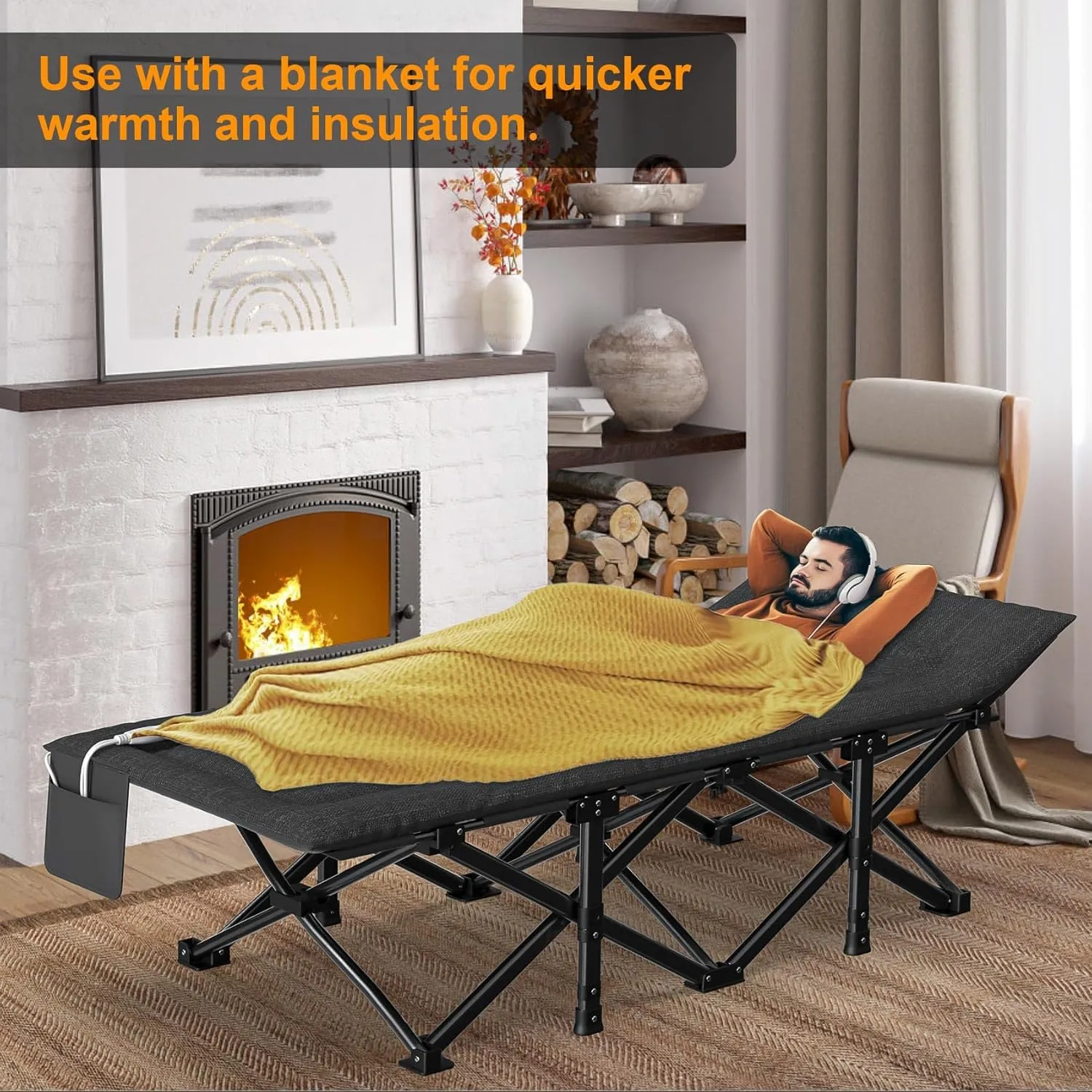 Slendor Heated Camping Cot, Padded Folding Camping Cots for Adults, 1200D Double Layer Sleeping Cot Bed for Office, Patio, Guest with Storage Bag, Support 500lbs, 110V, 85W, Black