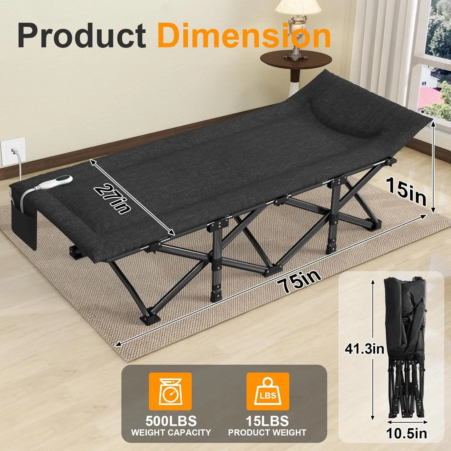 Slendor Heated Camping Cot, Padded Folding Camping Cots for Adults, 1200D Double Layer Sleeping Cot Bed for Office, Patio, Guest with Storage Bag, Support 500lbs, 110V, 85W, Black