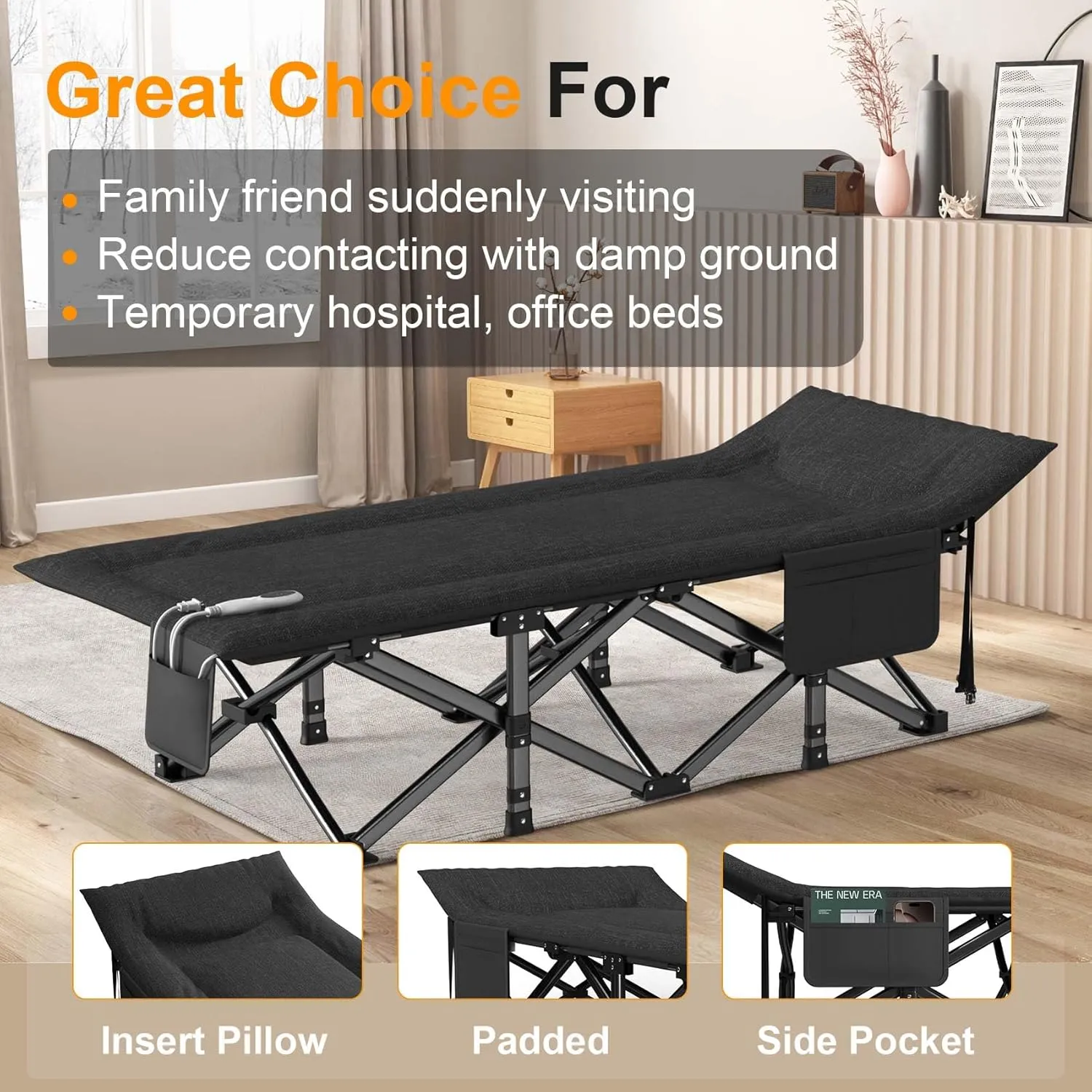 Slendor Heated Camping Cot, Padded Folding Camping Cots for Adults, 1200D Double Layer Sleeping Cot Bed for Office, Patio, Guest with Storage Bag, Support 500lbs, 110V, 85W, Black