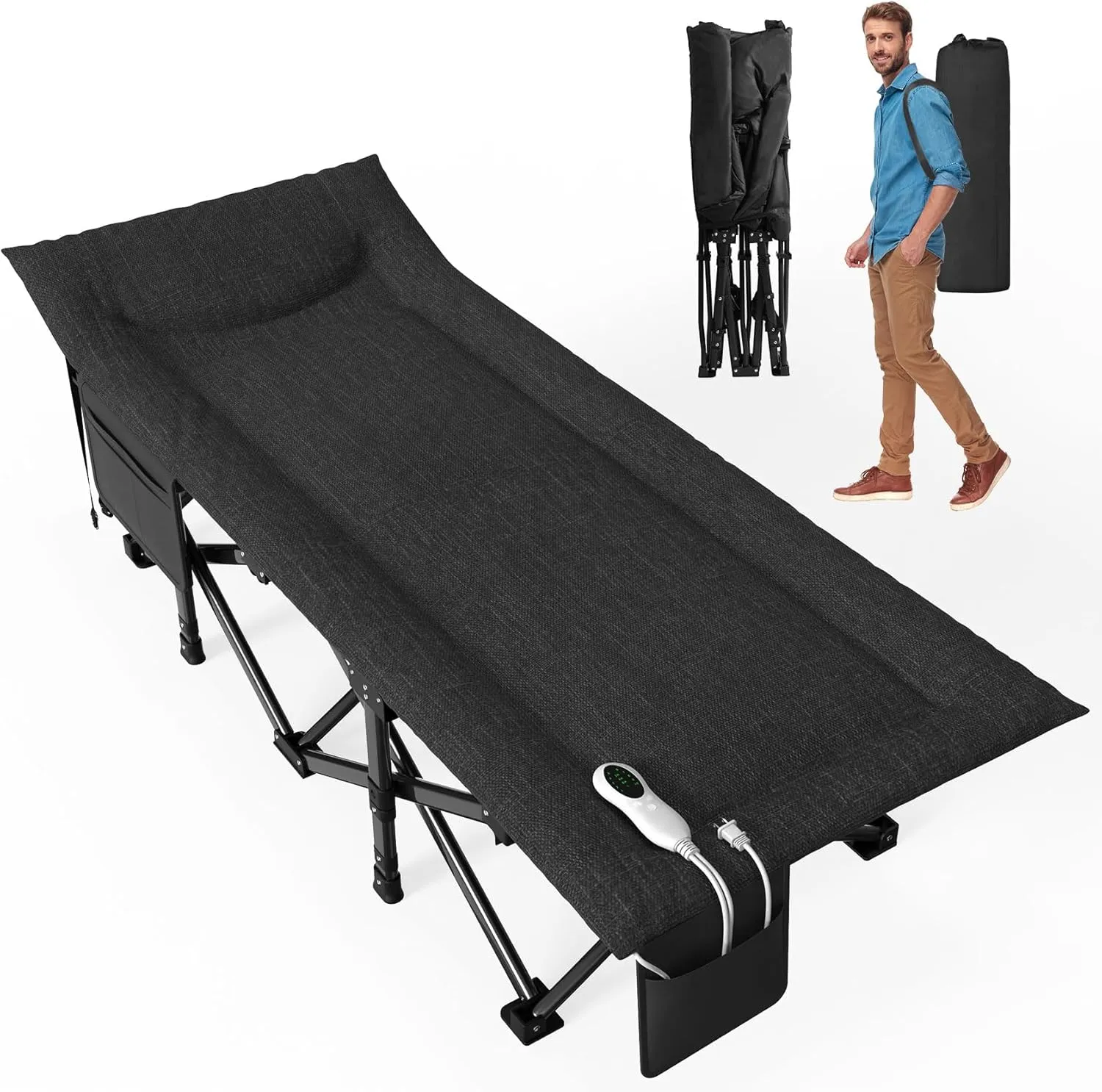 Slendor Heated Camping Cot, Padded Folding Camping Cots for Adults, 1200D Double Layer Sleeping Cot Bed for Office, Patio, Guest with Storage Bag, Support 500lbs, 110V, 85W, Black